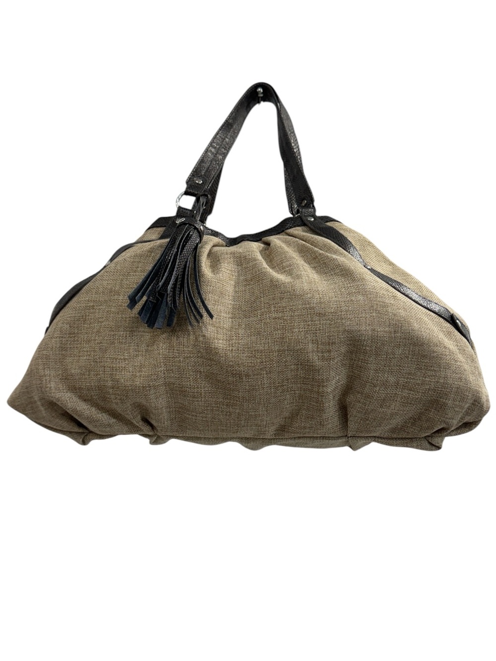 Usher Soft Burlap Textured Vegan Leather Straps Accents Hobo Bag Purse - Picture 6 of 13